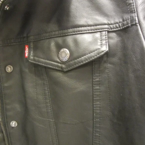 VTG LEVI STRAUS FAUX LEATHER TRUCKER JACKET, W/FAUX SHERPA LINING, LARGE - Picture 11 of 16